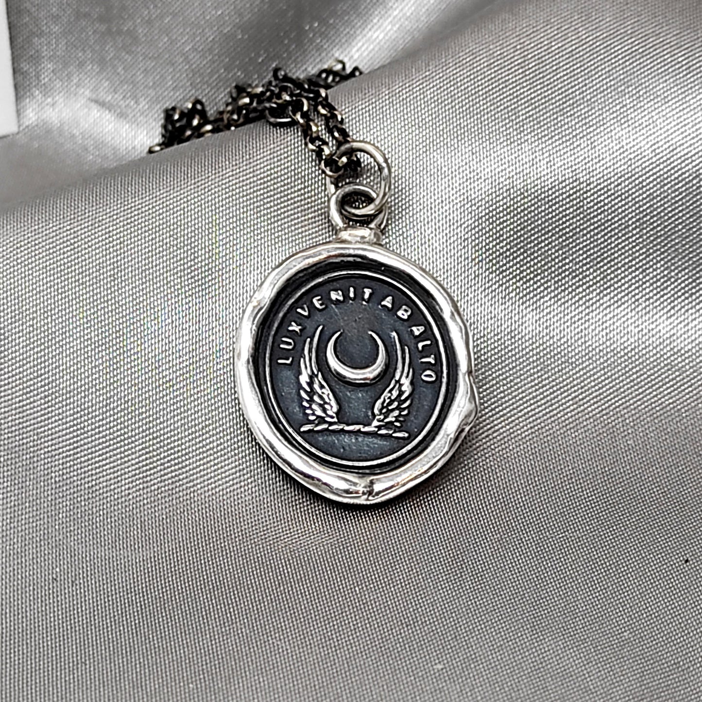 Wing Crescent Moon Celestial Wax Seal Necklace Pendant, Handmade Silver Talisman, Heirloom, Original Design Liliane Ting LT039