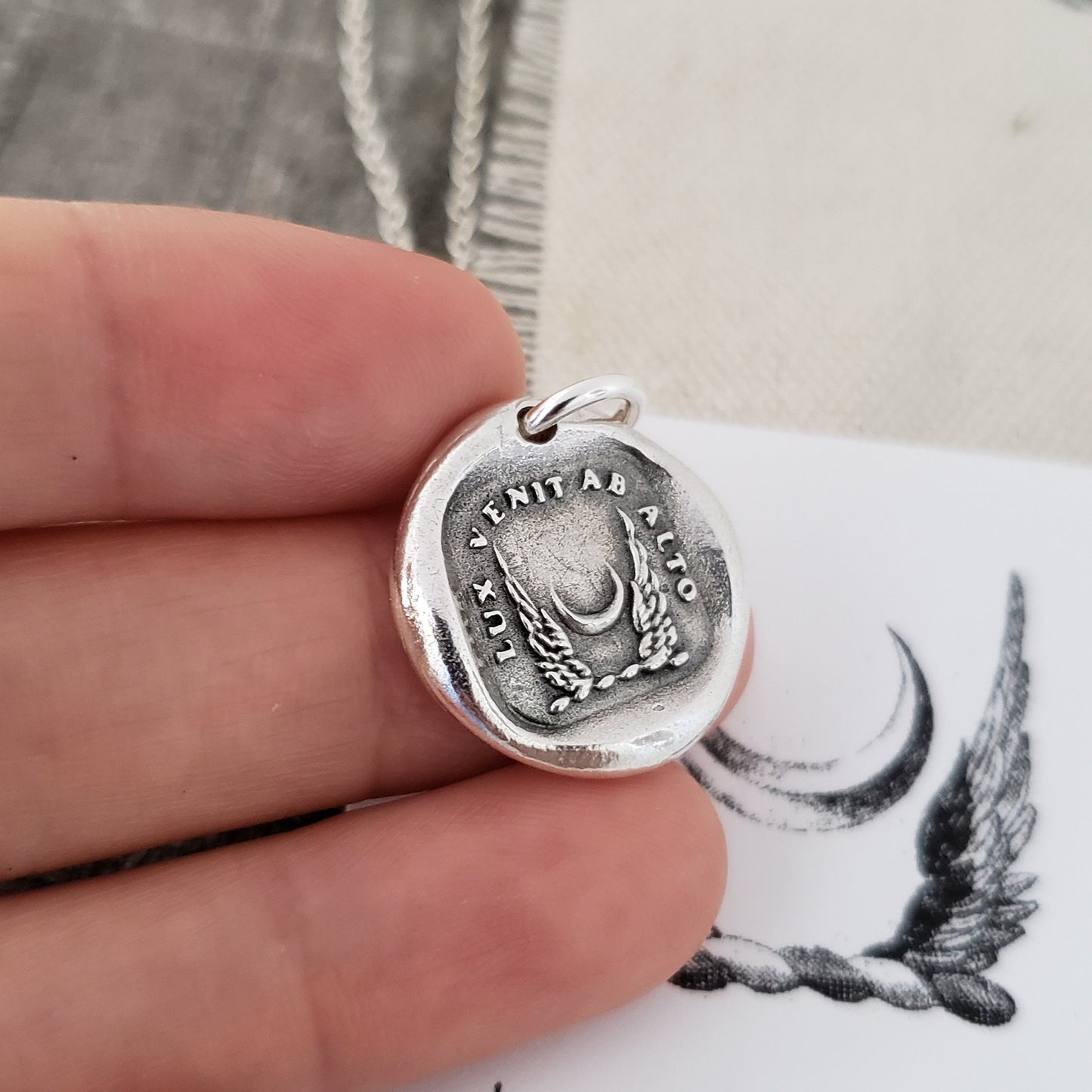 Crescent New Moon Necklace, Wax Seal Pendant/Wings /Latin Motto/Handmade Silver Talisman/Intaglio Seal Original Design LT056