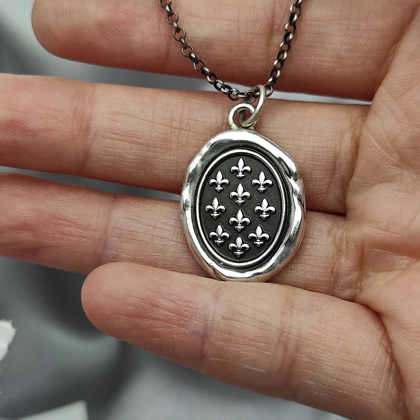 Silver Fleur-de-lis Pendant, Wax Seal Necklace, Handmade Silver Charm, Intaglio Seal Heirloom, Original Design Liliane Ting LT053