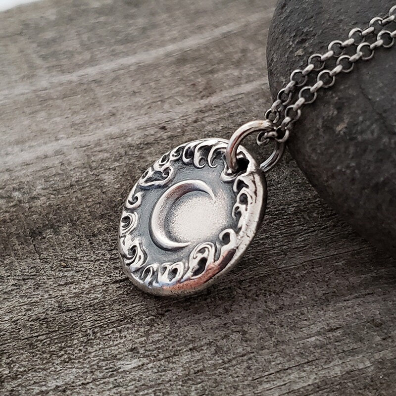 Crescent New Moon Cloud Pendant, Wax Seal Necklace, Handmade Silver Charm, Original Design by Liliane Ting LT059