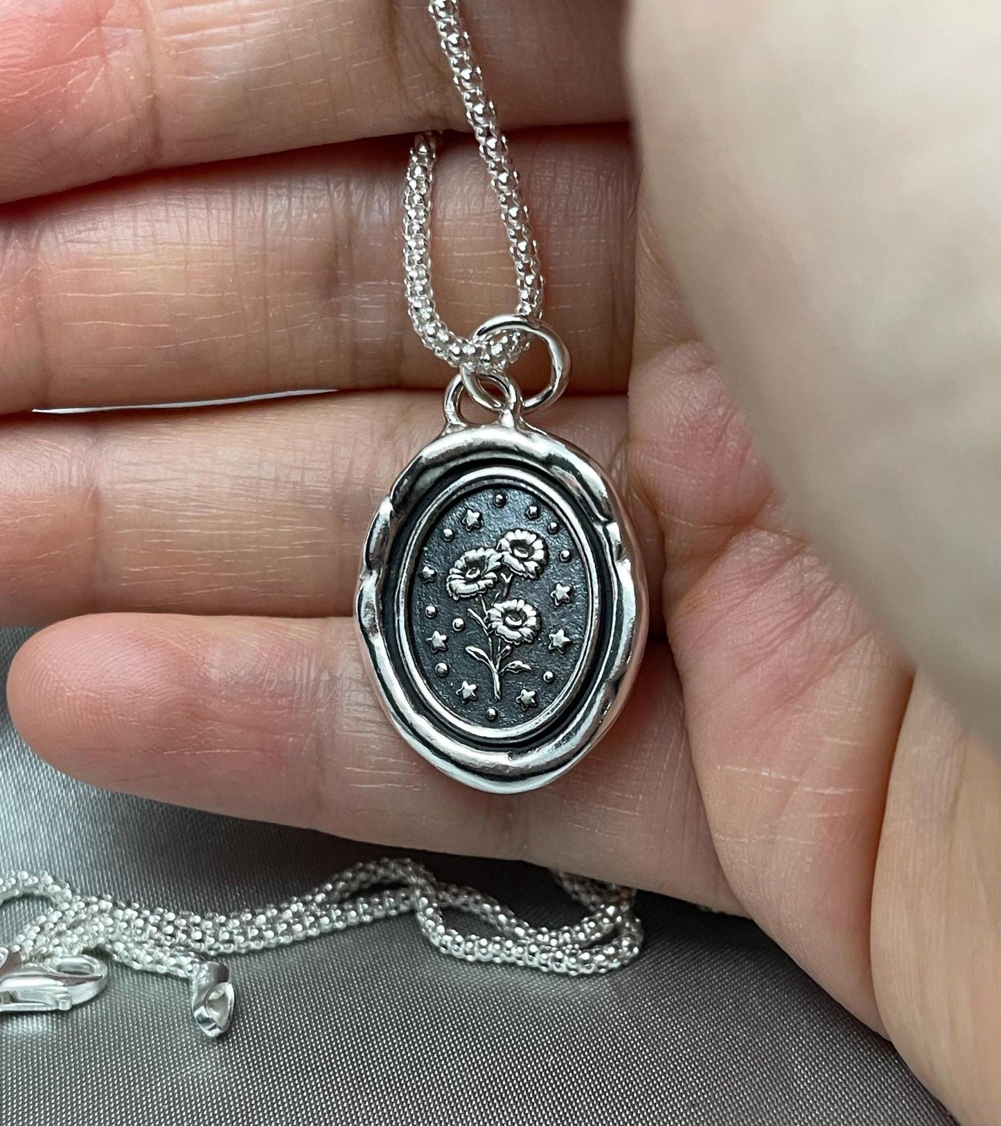 Daisy Flower Necklace, Celestial Star Wax Seal Pendant, Handmade Silver Talisman, Intaglio Seal Heirloom, Original Design LT089