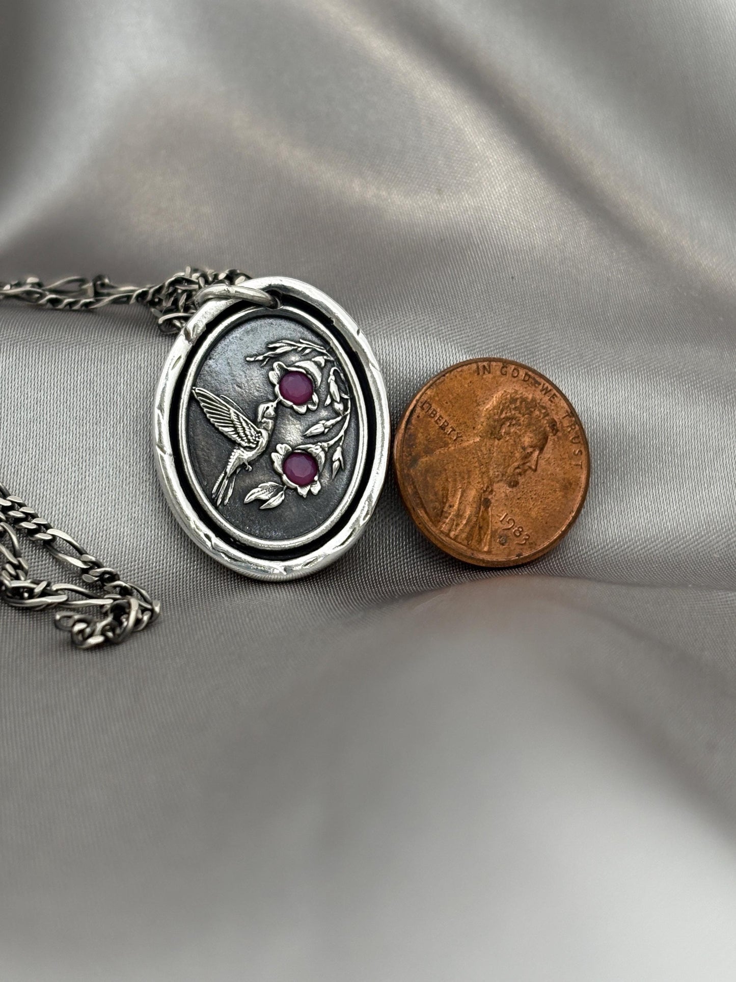 Hummingbird Flower Ruby Gem Wax Seal Necklace Pendant, Handmade Silver Charm, Intaglio Seal Heirloom, Original Design LT094