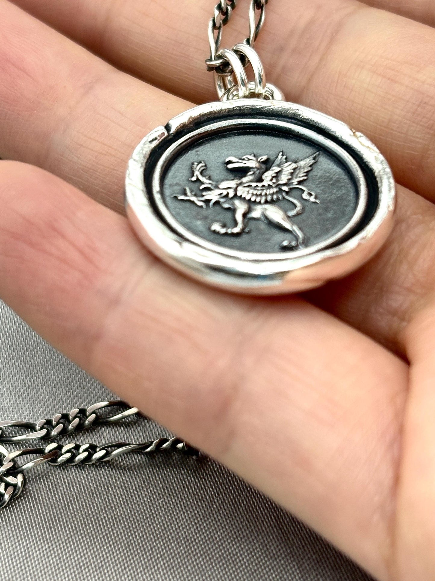 Griffin Celestial Wax Seal Necklace Pendant, Handmade Silver Talisman, Intaglio Seal Heirloom, Original Design LT093