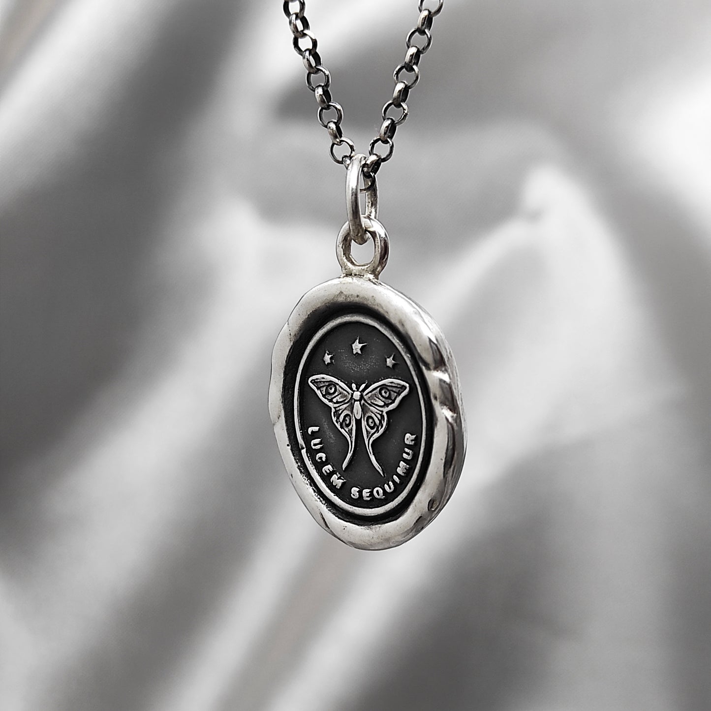 Moth Follow the Light Wax Seal Necklace Pendant, Handmade Silver Talisman, Intaglio Seal Heirloom, Original Design LT Studio LT002