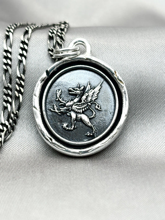 Griffin Celestial Wax Seal Necklace Pendant, Handmade Silver Talisman, Intaglio Seal Heirloom, Original Design LT093