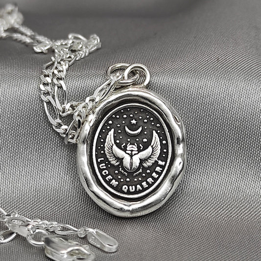 Immortal Scarab Beetle Necklace, Celestial Star Wax Seal Pendant, Handmade Silver Talisman, Intaglio Seal Heirloom, Original Design LT032