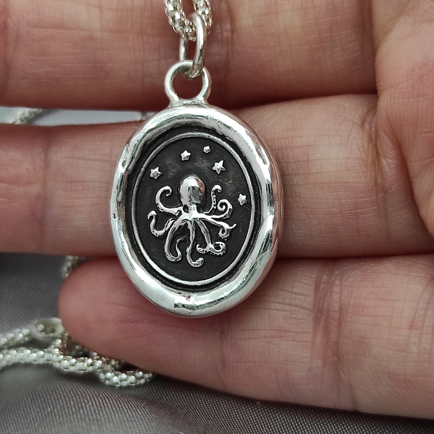 Octopus Necklace, Celestial Wax Seal Pendant, Handmade Silver Talisman, Intaglio Seal Heirloom, Original Design Liliane Ting 075