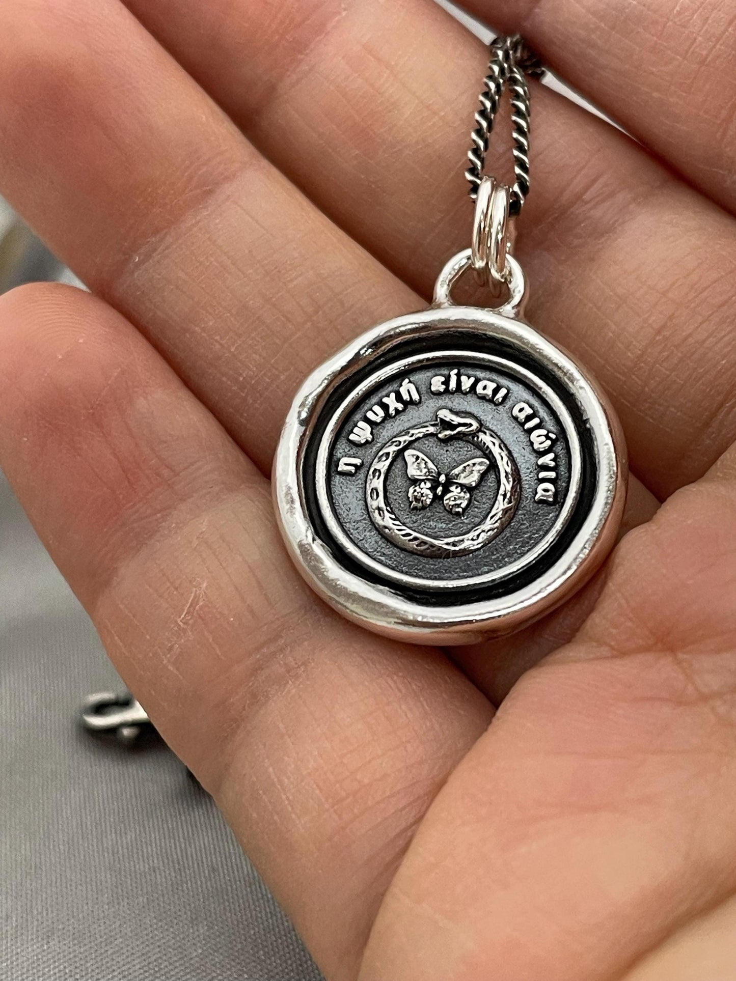 Celestial Snake Butterfly Necklace, Wax Seal Pendant, Handmade Silver Talisman, Intaglio Seal Heirloom, Original Design Liliane Ting LT092