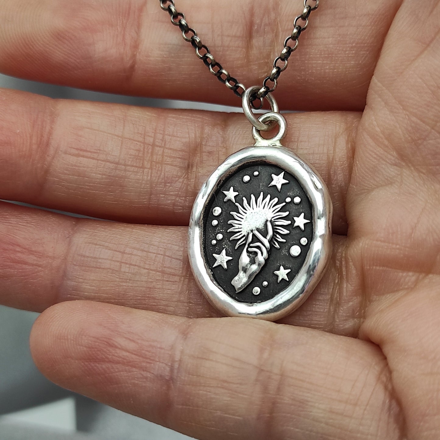 Celestial Sun Star Magic Hand Wax Seal Necklace Pendant, Handmade Silver Talisman, Intaglio Seal Heirloom, Original Design LT004