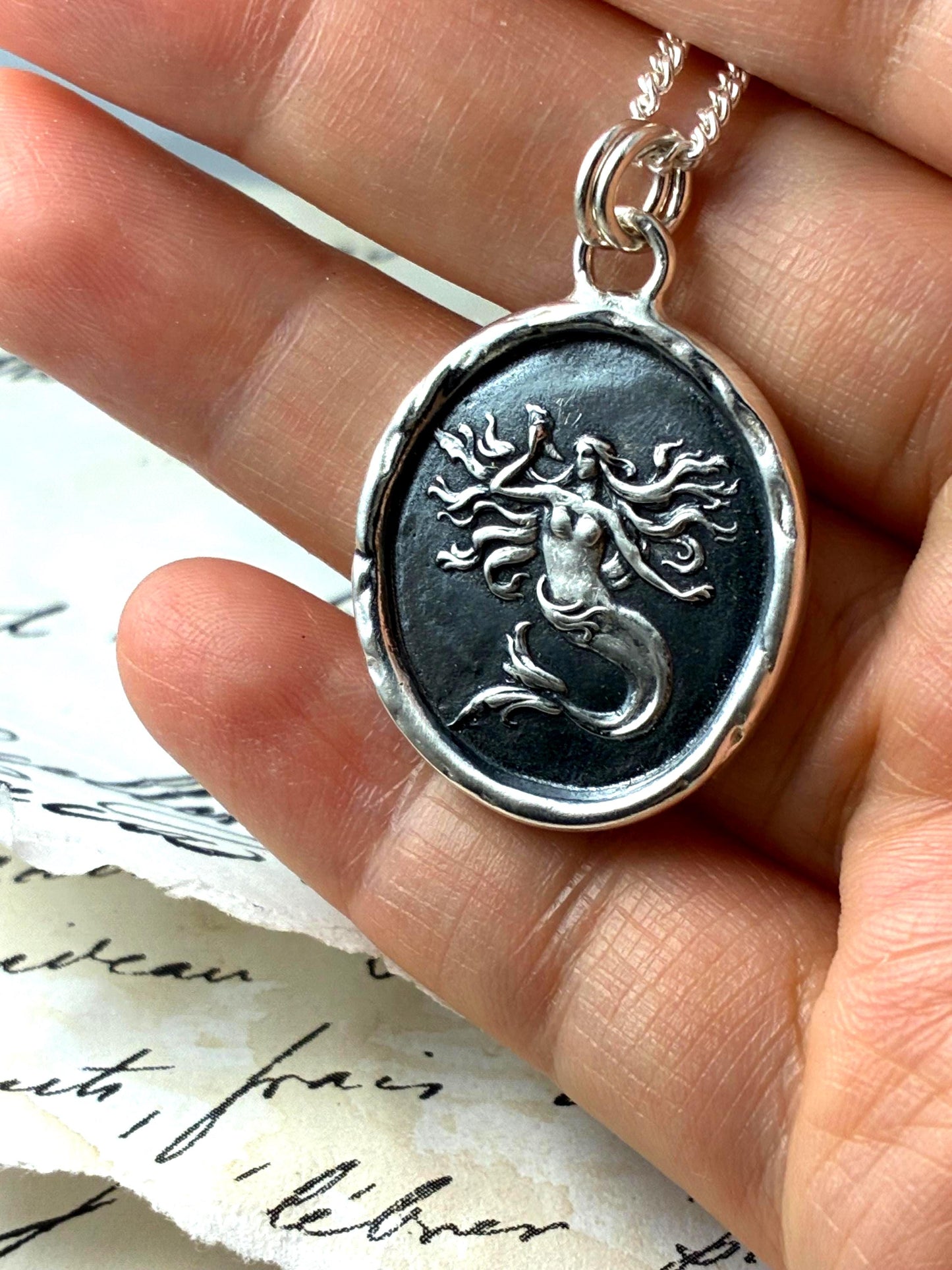 Fantasy Mermaid Celestial Wax Seal Necklace Pendant, Handmade Silver Talisman, Intaglio Seal Heirloom, Original Design by Liliane Ting LT105