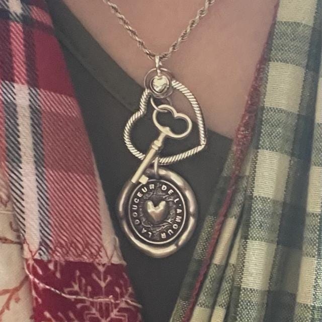 Heart Love Necklace, Wax Seal Silver Pendant, Handmade Silver Talisman, Intaglio Seal Heirloom, French Motto LT009