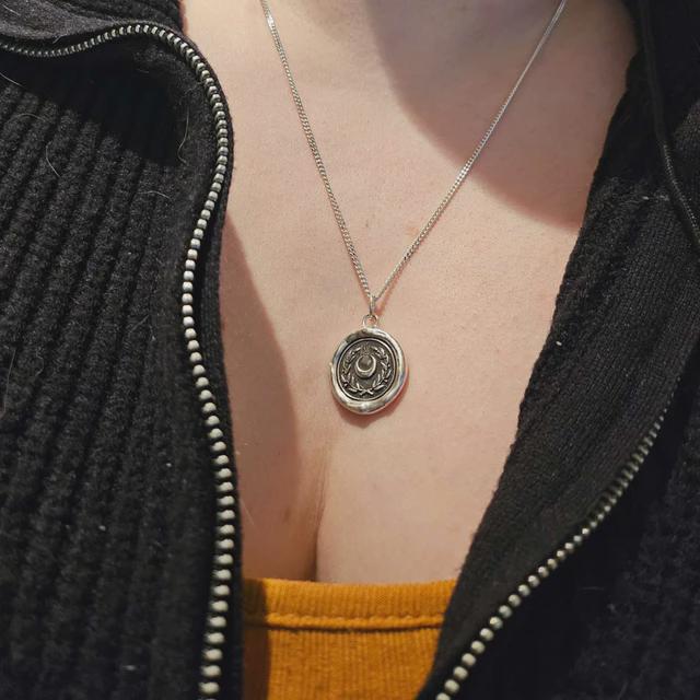 Crescent Moon Silver Pendant, Wreath Wax Seal Necklace, Handmade Silver Charm, Intaglio Seal Heirloom, Original Design Liliane Ting LT018
