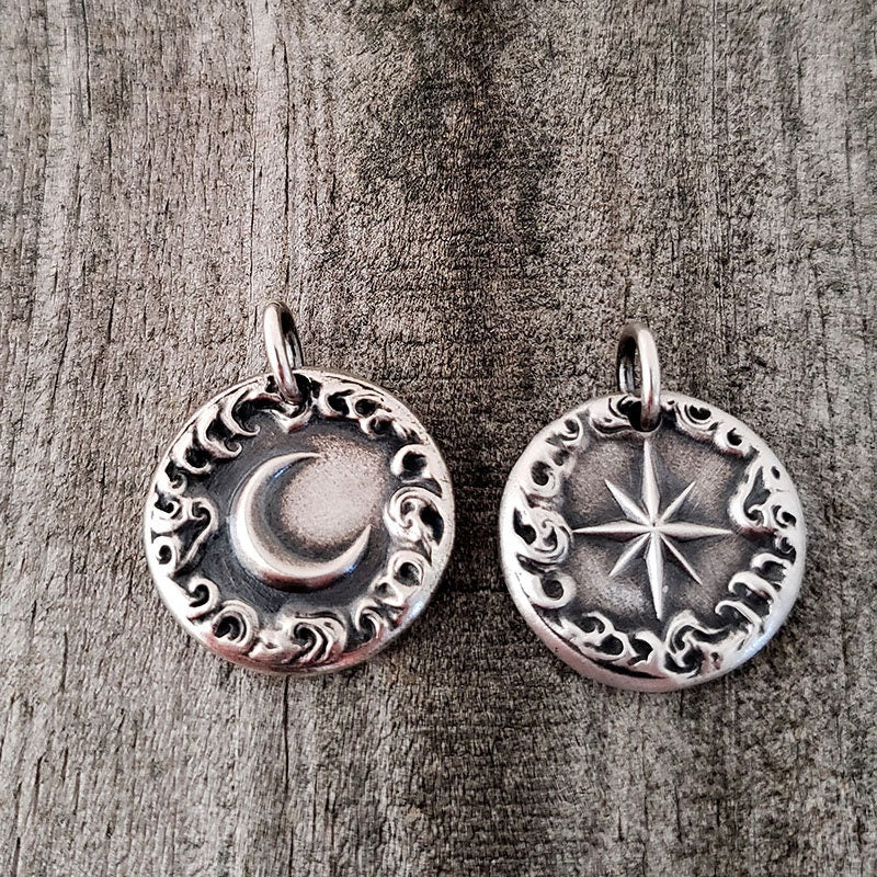 Silver Crescent New Moon Pendant, Handmade Silver Charm, Cloud Wax Seal Necklace, Intaglio Seal Heirloom Original Design LilianeTing LT050