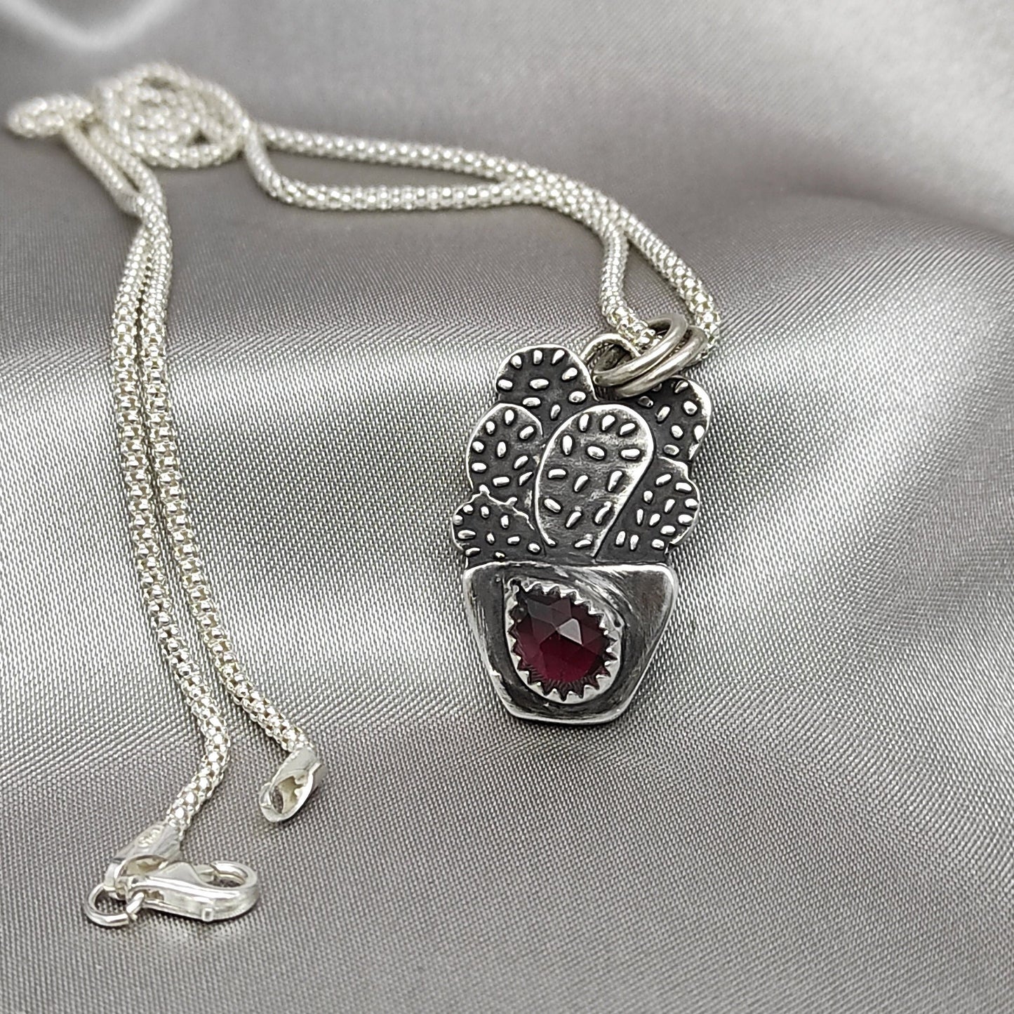 Cactus Garnet Natural Gemstone Necklace Pendant, Handmade Silver Talisman, Original Design Liliane Ting Studio