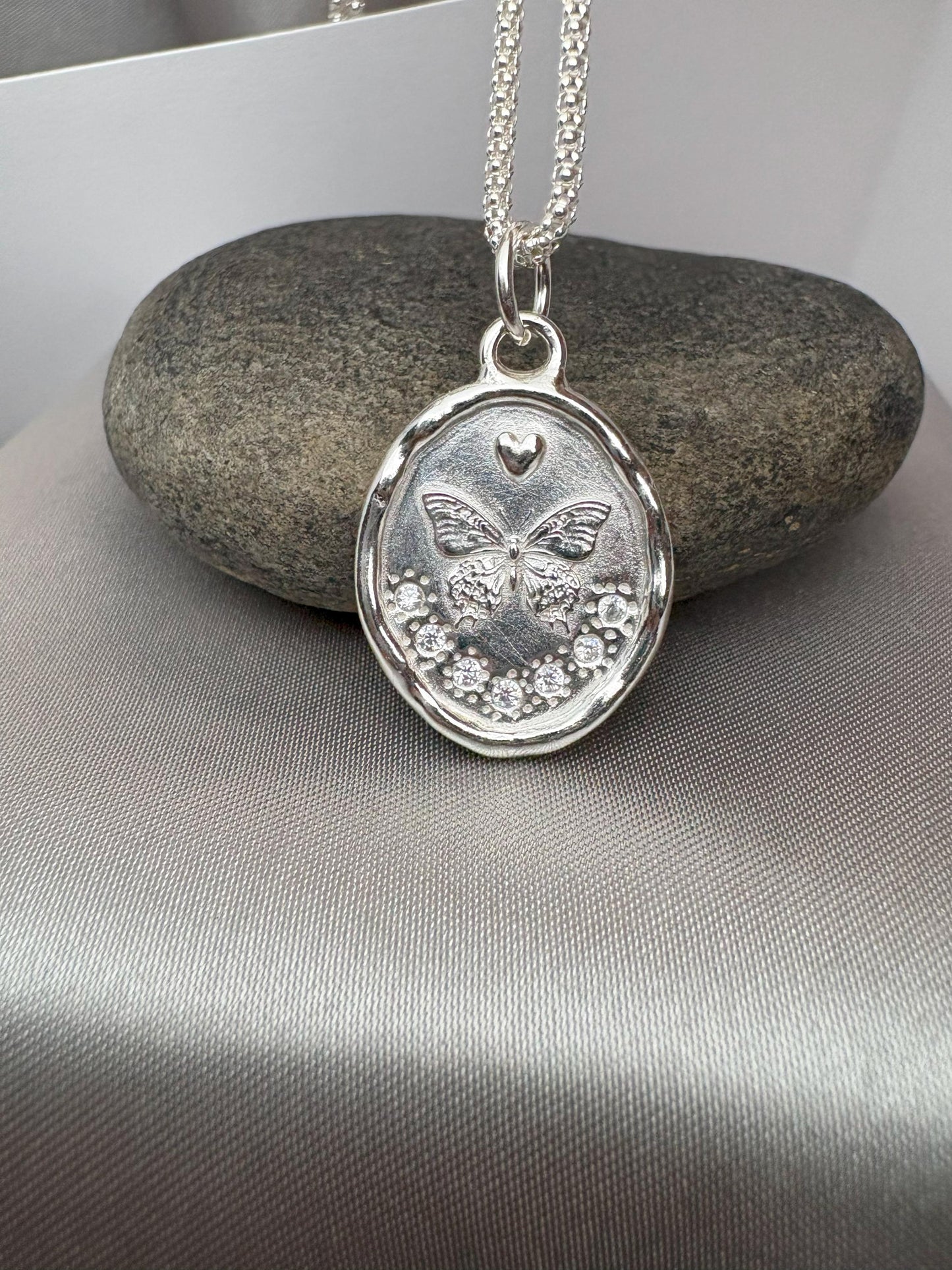 Silver Butterfly Pendant with CZ – Nature-Inspired Elegance, Handmade Silver Charm, Intaglio Seal Heirloom, Original Design LT Studio
