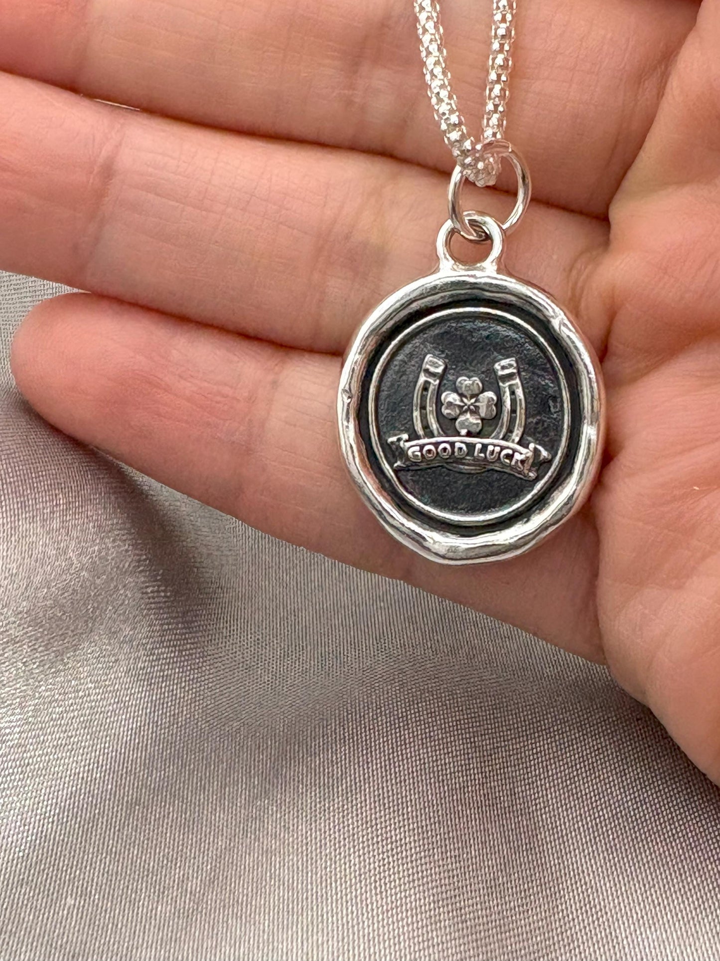 Horseshoe & Clover Lucky Wax Seal Necklace Pendant, Handmade Silver Talisman, Intaglio Seal Heirloom, Original Design Liliane Ting