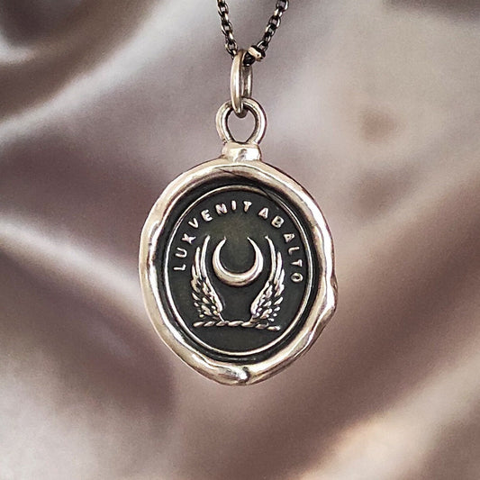 Wing Crescent Moon Celestial Wax Seal Necklace Pendant, Handmade Silver Talisman, Heirloom, Original Design Liliane Ting LT039