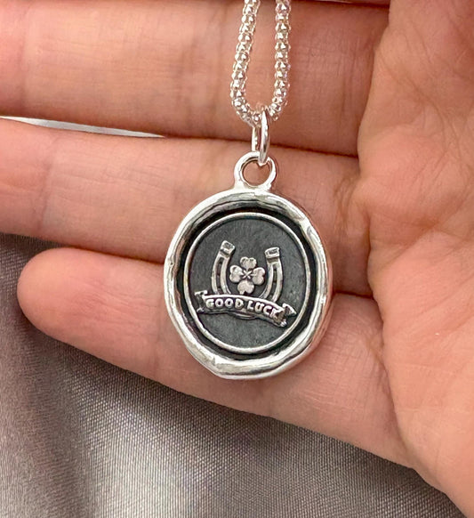 Horseshoe & Clover Lucky Wax Seal Necklace Pendant, Handmade Silver Talisman, Intaglio Seal Heirloom, Original Design Liliane Ting