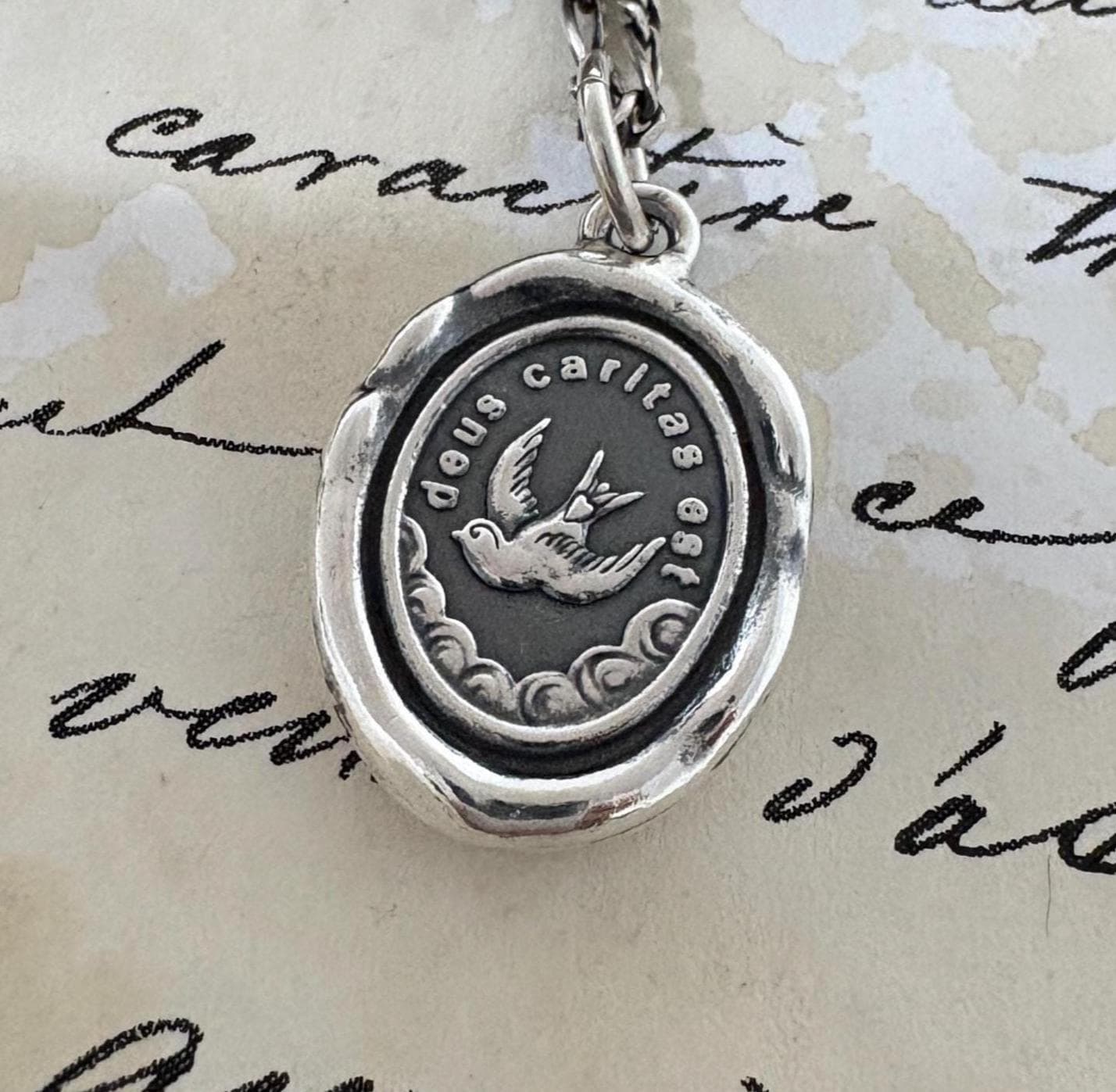 Dove Pendant Wax Seal Silver Charm  – "Deus Caritas Est" Christian Necklace – God is Love Jewelry Original Design LT148