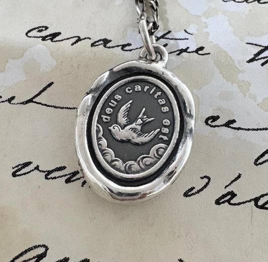 Dove Pendant Wax Seal Silver Charm  – "Deus Caritas Est" Christian Necklace – God is Love Jewelry Original Design LT148