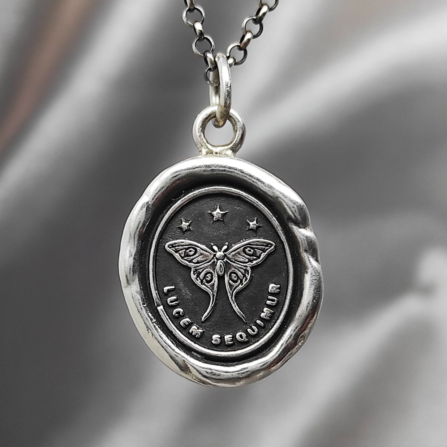 Moth Follow the Light Wax Seal Necklace Pendant, Handmade Silver Talisman, Intaglio Seal Heirloom, Original Design LT Studio LT002