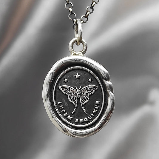 Moth Follow the Light Wax Seal Necklace Pendant, Handmade Silver Talisman, Intaglio Seal Heirloom, Original Design LT Studio LT002
