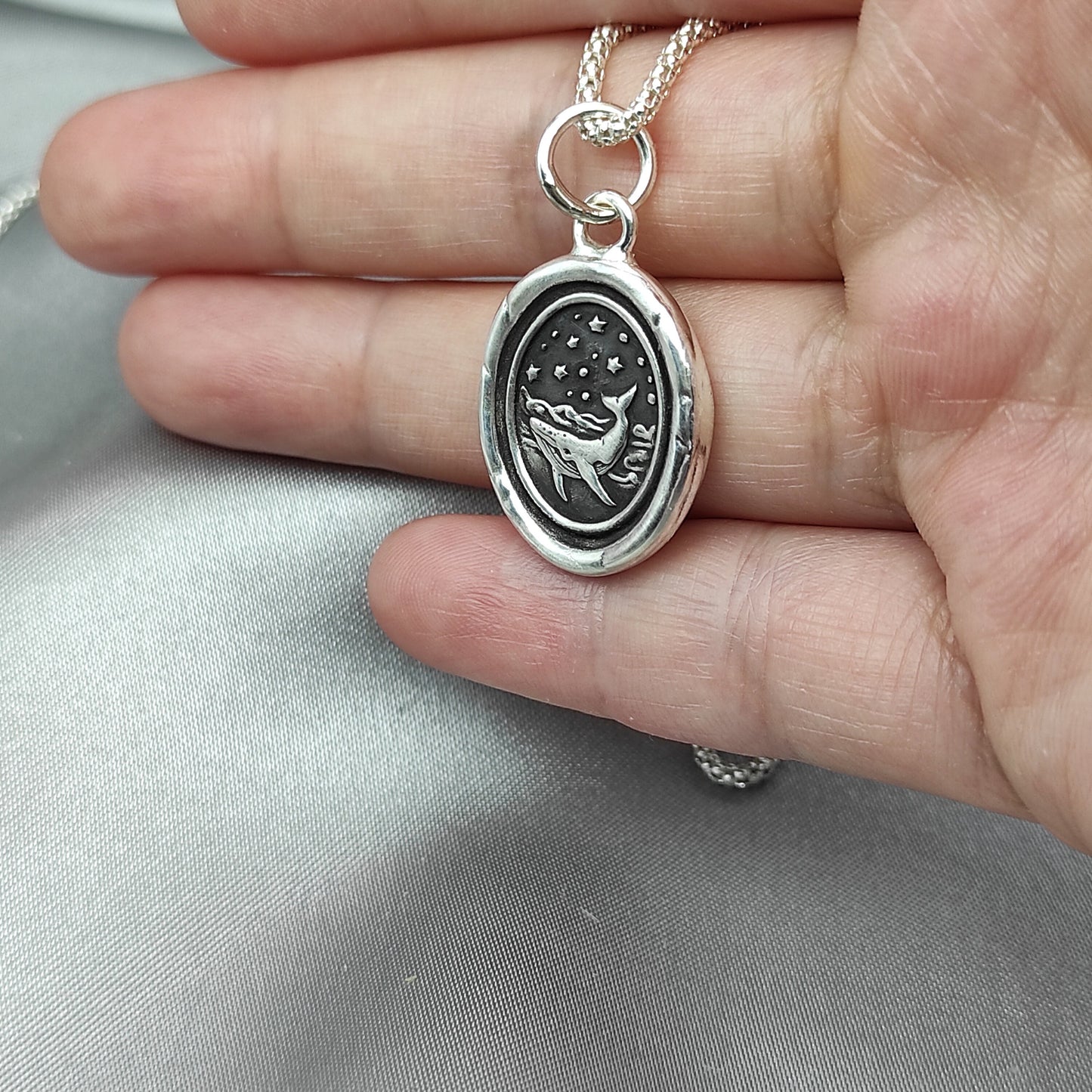 Whale Necklace, Wax Seal Ocean Celestial Pendant, Handmade Silver Charm, Intaglio Seal Heirloom, Original Design Liliane Ting 072