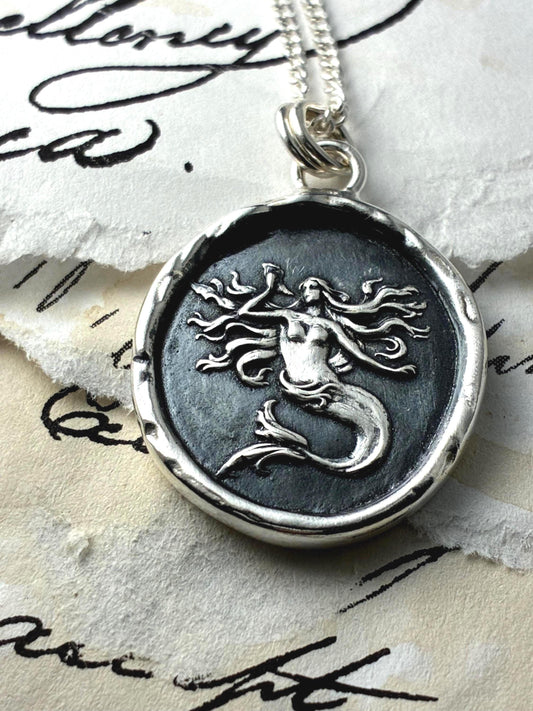 Fantasy Mermaid Celestial Wax Seal Necklace Pendant, Handmade Silver Talisman, Intaglio Seal Heirloom, Original Design by Liliane Ting LT105