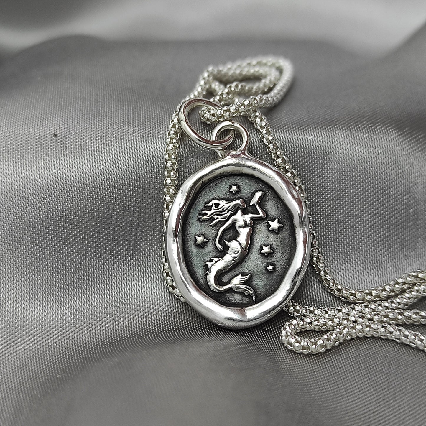 Mermaid Celestial Wax Seal Necklace Pendant, Handmade Silver Talisman, Intaglio Seal Heirloom, Original Design Liliane Ting LT073
