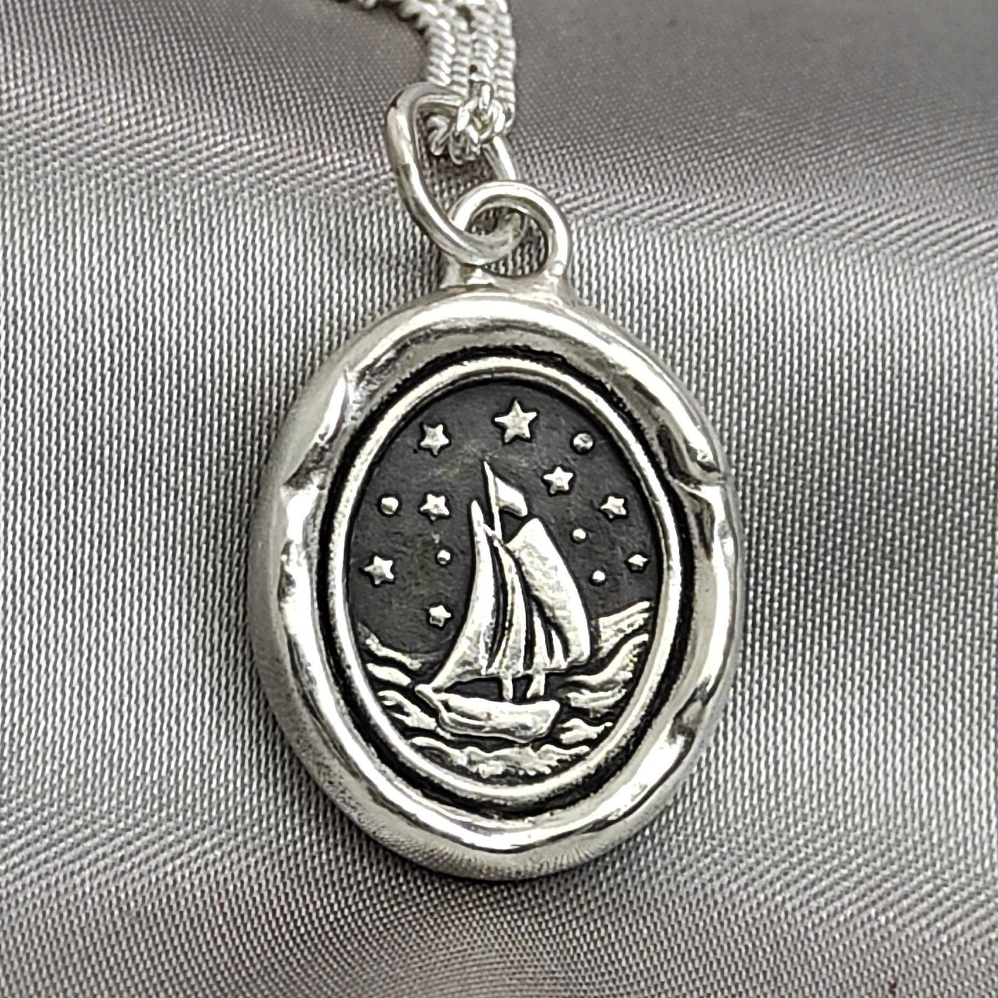 Sailing Boat Bon Voyage Celestial Wax Seal Necklace Pendant, Handmade Silver Talisman, Intaglio Seal Heirloom, LT Studio LT077