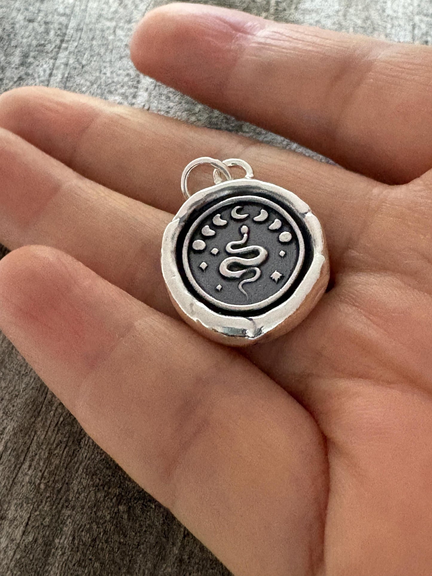 Unique Snake Moon Phases Pendant, Wax Seal Necklace, Handmade Silver Charm, Original Design by Liliane Ting LT095
