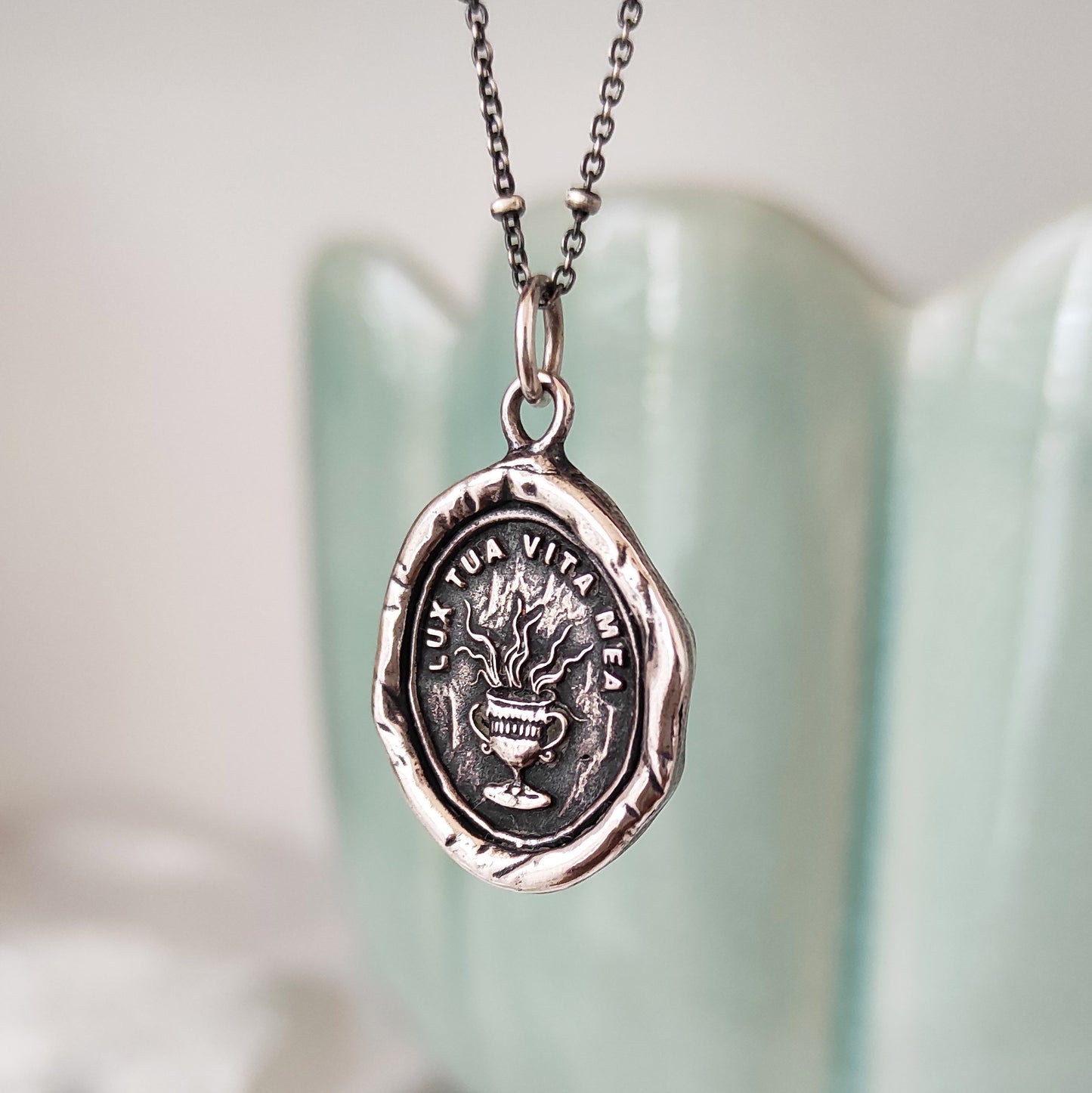 Goblet Fire Flame Wax Seal Necklace Pendant, Handmade Silver Talisman, Intaglio Seal Heirloom Original Design by Liliane Ting LT017