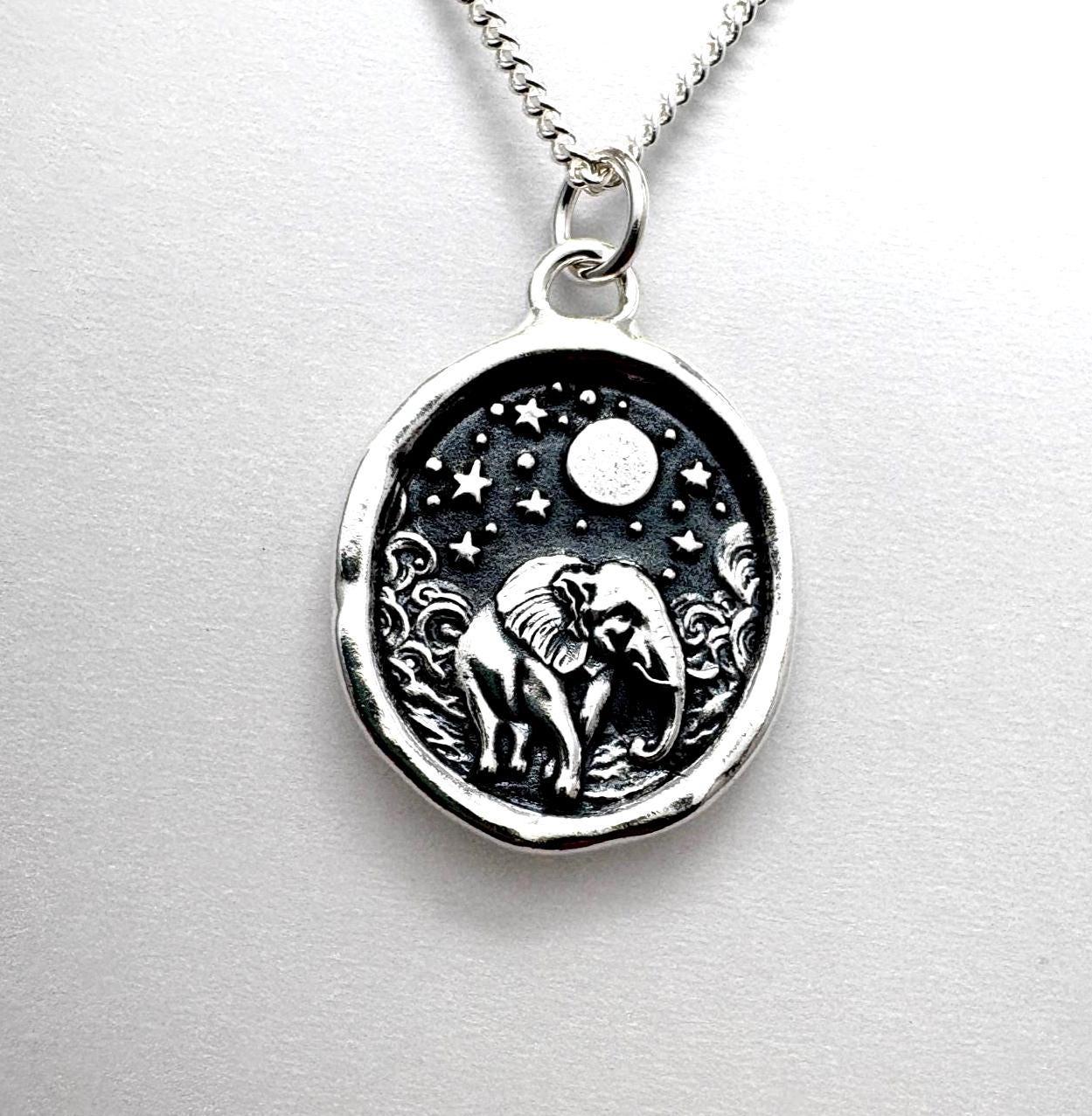Elephant Moonlit Night Pendant • Handmade Silver Wax Seal Necklace • Symbol of Strength, Wisdom & Serenity • Original Design by Liliane Ting