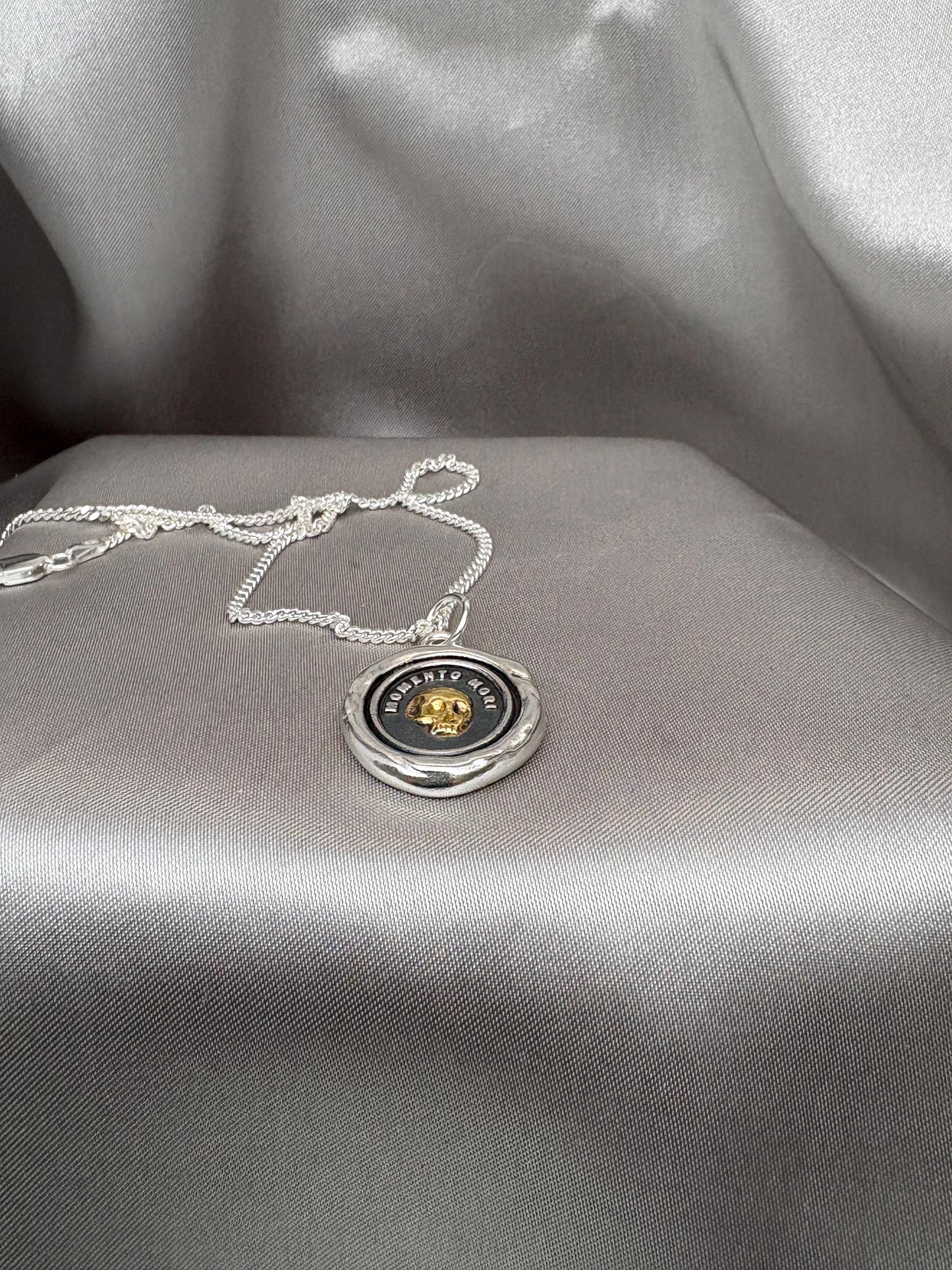 Skull Necklace, Wax Seal Silver Pendant, 22K Gold Overlay Silver, Handmade, Intaglio Seal Heirloom, Original Design Liliane Ting LT106