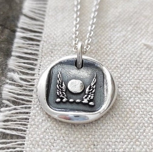 Wax Seal Necklace Pendant/Full Moon Angel Wings/Handmade Silver/Intaglio Seal Heirloom Original Design LT049
