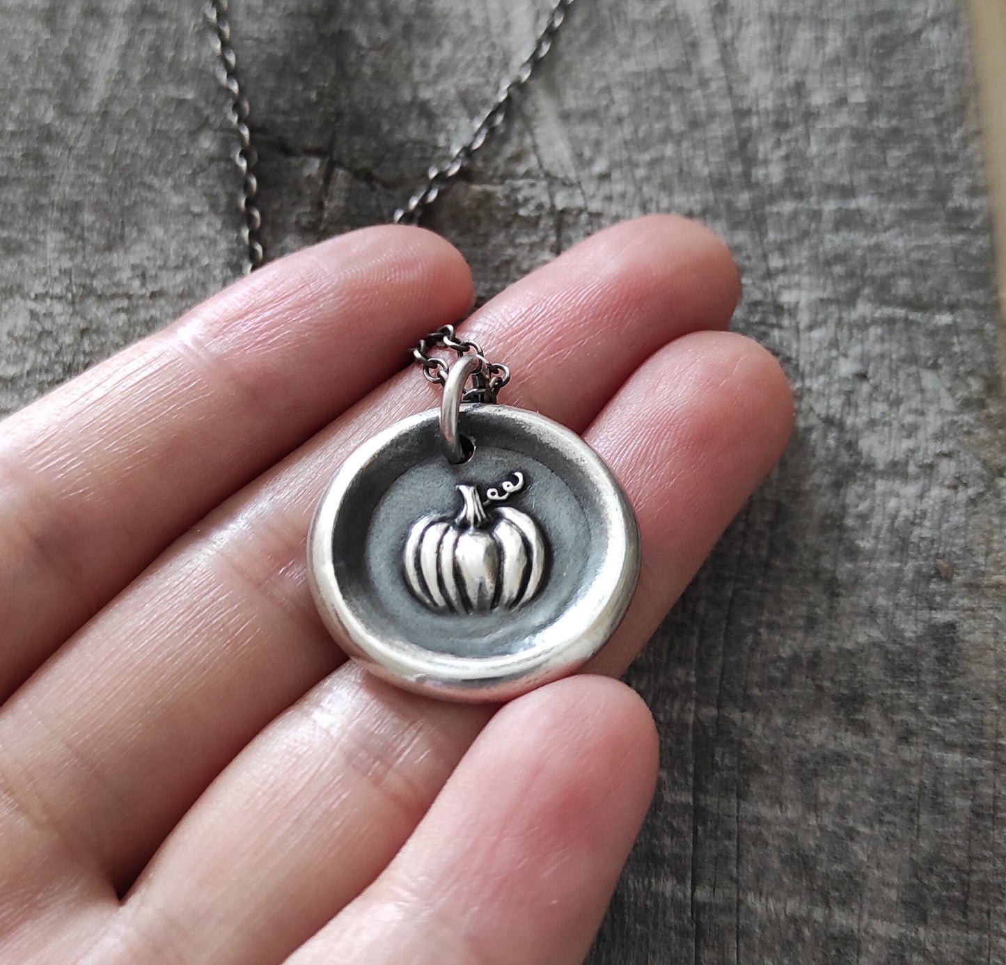 Silver Pumpkin Pendant, Wax Seal Harvest Necklace, Latin Motto, Handmade Silver Charm, Intaglio Seal Heirloom, Original Design LT008