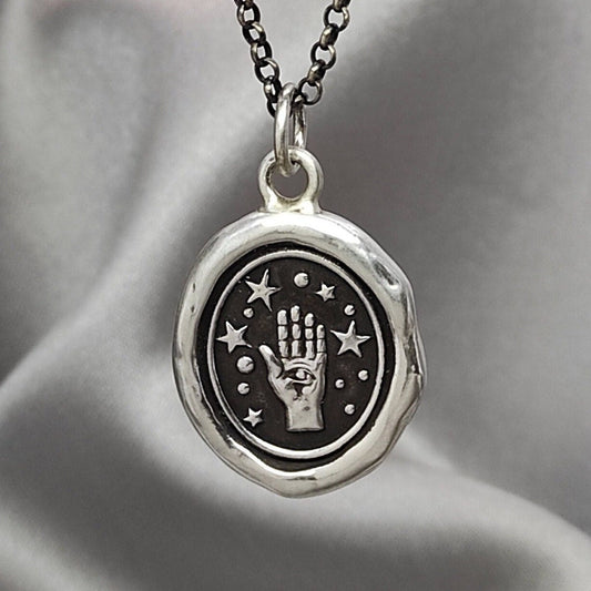 Magic Hand Star Celestial Wax Seal Necklace Pendant, Handmade Silver Talisman, Intaglio Seal Heirloom, Original Design Liliane Ting LT028