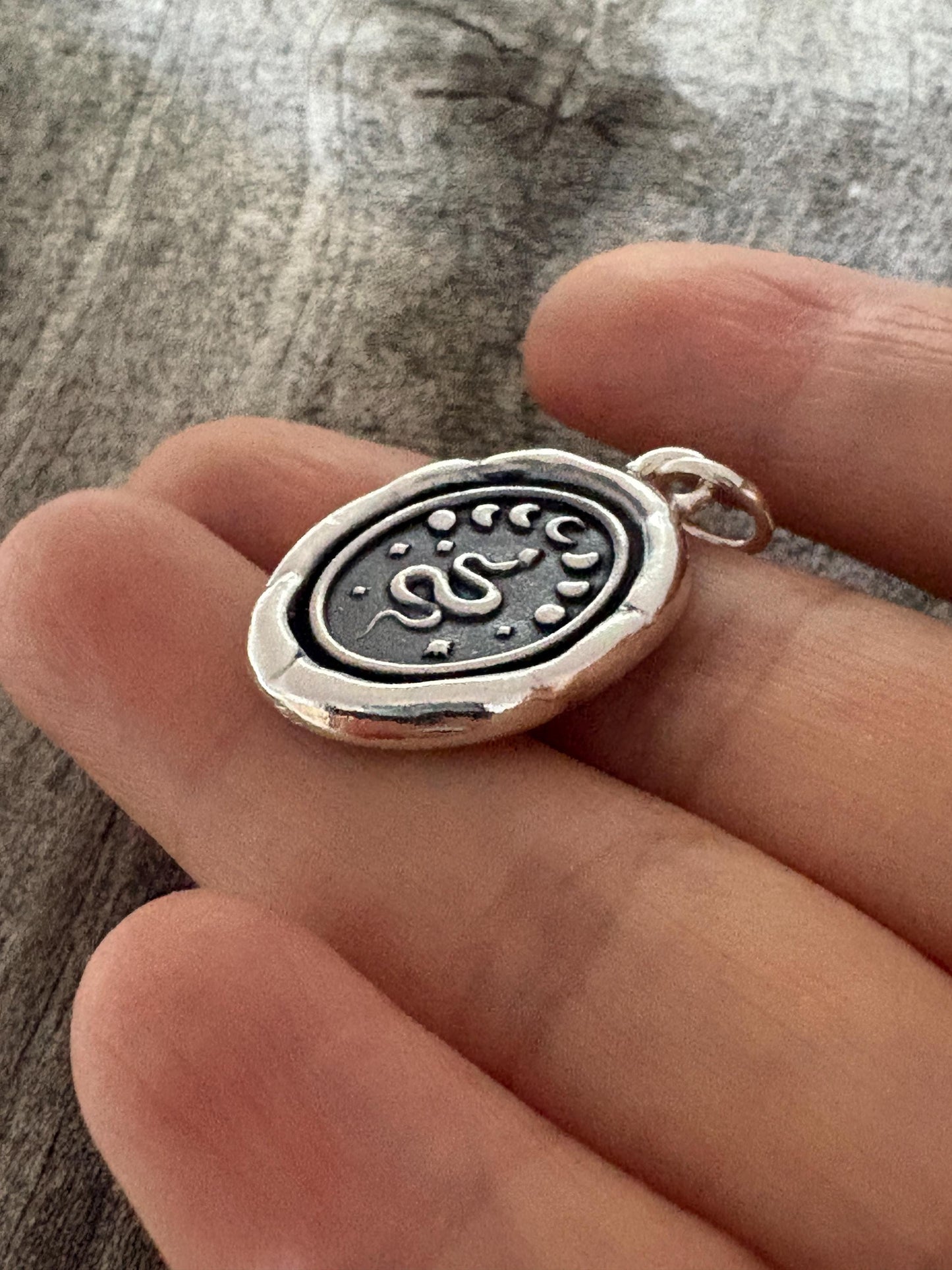 Unique Snake Moon Phases Pendant, Wax Seal Necklace, Handmade Silver Charm, Original Design by Liliane Ting LT095