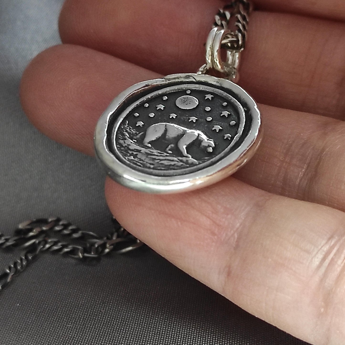 Polar Bear Necklace, Wax Seal Celestial Star Night Pendant, Handmade Silver Talisman, Intaglio Seal Heirloom, Original Design LT088