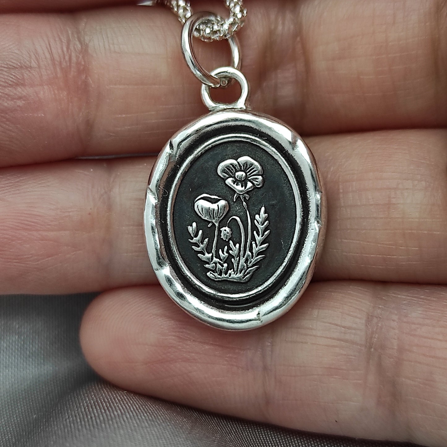 Poppy Flower Necklace, Celestial Wax Seal Pendant, Handmade Silver Talisman, Intaglio Seal, Original Design Liliane Ting Studio LT074
