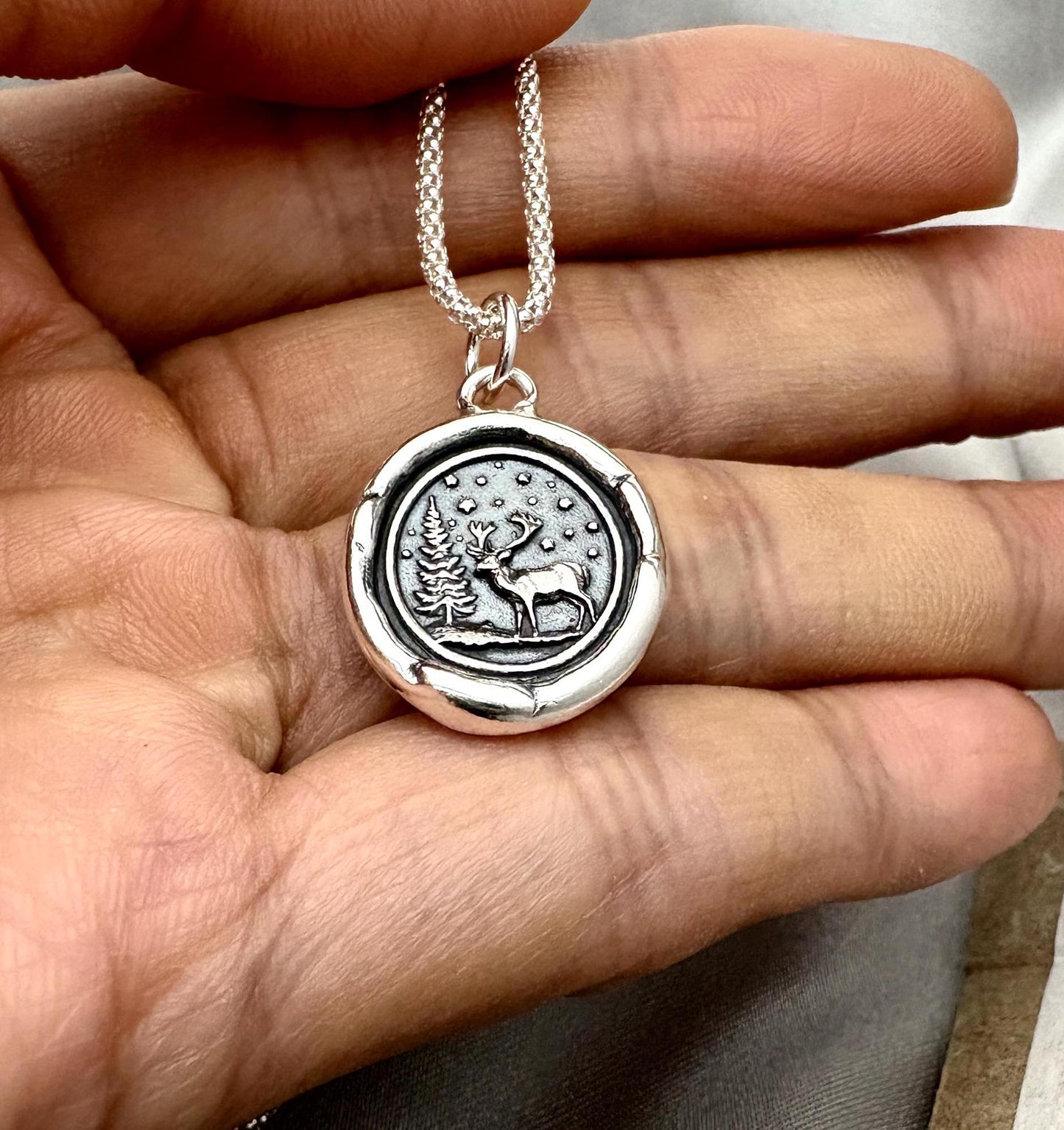Winter Forest Deer Charm Wax Seal Necklace Pendant, Handmade Silver Talisman, Intaglio Seal Heirloom, Original Design Liliane Ting