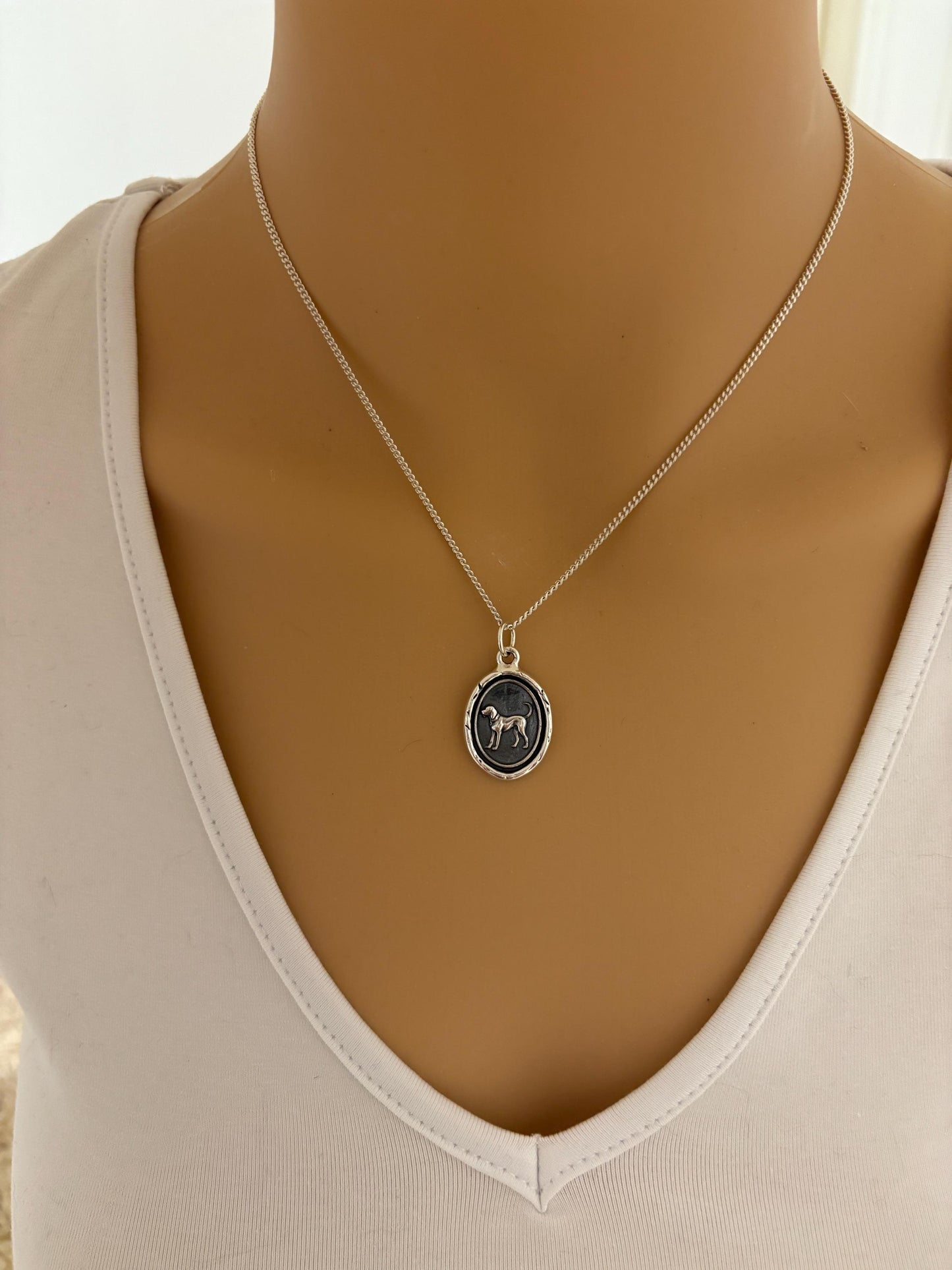 Loyal Hound Dog- Handmade Silver Wax Seal Flower Necklace Pendant, Intaglio Seal Heirloom, Original Design by Liliane Ting LT146