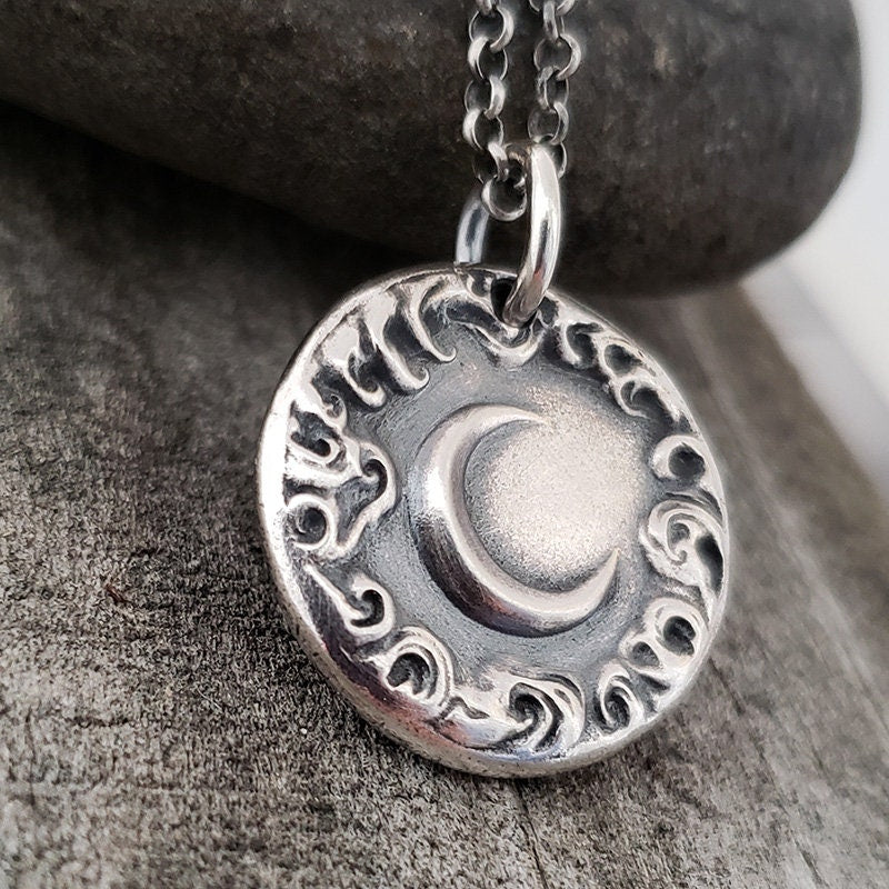 Crescent New Moon Cloud Pendant, Wax Seal Necklace, Handmade Silver Charm, Original Design by Liliane Ting LT059