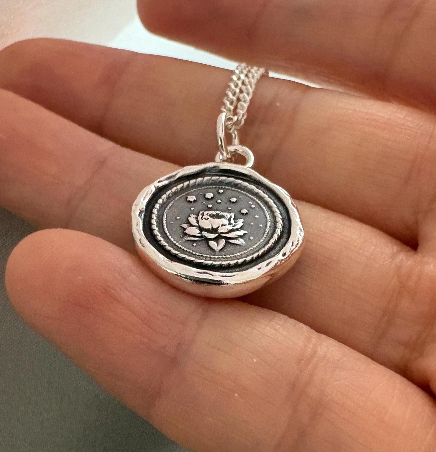 Silver Lotus Pendant – Spiritual Growth & Enlightenment Wax Seal Necklace, Handmade Charm, Intaglio Seal Heirloom, Original Design LT Studio