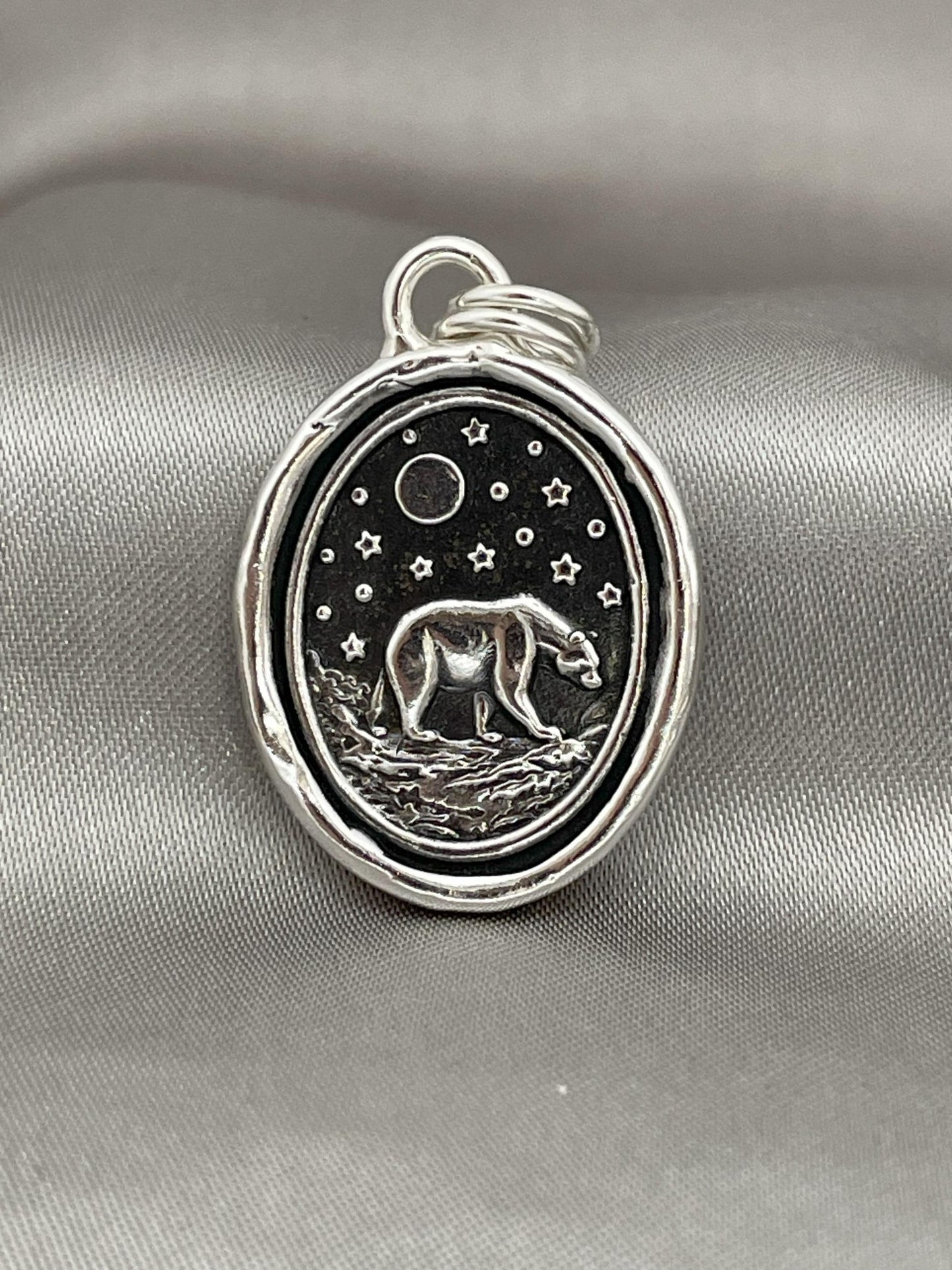 Polar Bear Necklace, Wax Seal Celestial Star Night Pendant, Handmade Silver Talisman, Intaglio Seal Heirloom, Original Design LT088