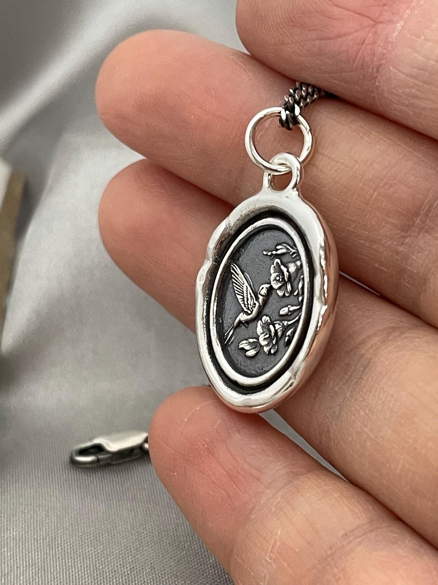 Hummingbird Flower Celestial Wax Seal Necklace Pendant, Handmade Solid Silver Talisman, Intaglio Seal Heirloom, Original Design LT093