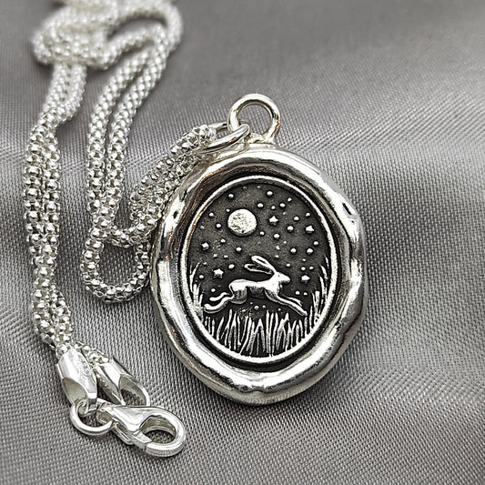 Rabbit Bunny Celestial Star Night Wax Seal Necklace Pendant, Handmade Silver Talisman, Intaglio Seal Heirloom, Original Design Liliane Ting