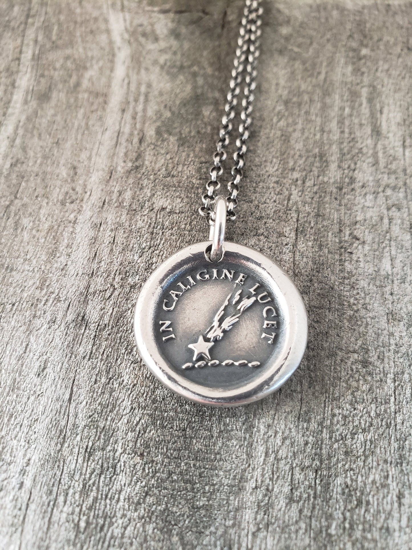 Comet Pendant, Wax Seal Necklace, Latin Motto, Handmade Silver Charm, Intaglio Seal Heirloom. Original Design by Liliane Ting LT033