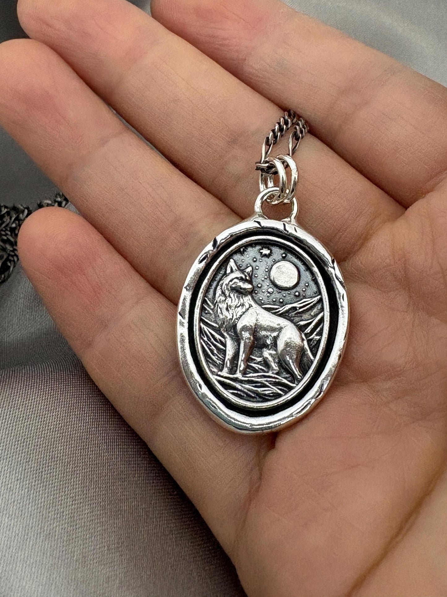 Wolf Moon Celestial Necklace, Wax Seal Pendant, Handmade Silver Talisman, Intaglio Seal Heirloom, Original Design LT082