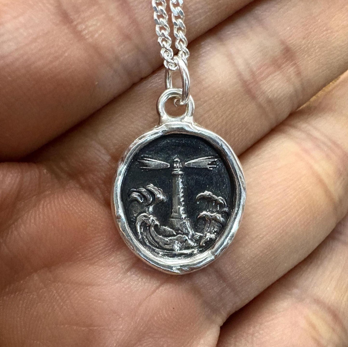 Lighthouse Pendant – Nautical Wax Seal Necklace, Handmade Silver Charm, Intaglio Seal Heirloom, Original Design LT Studio